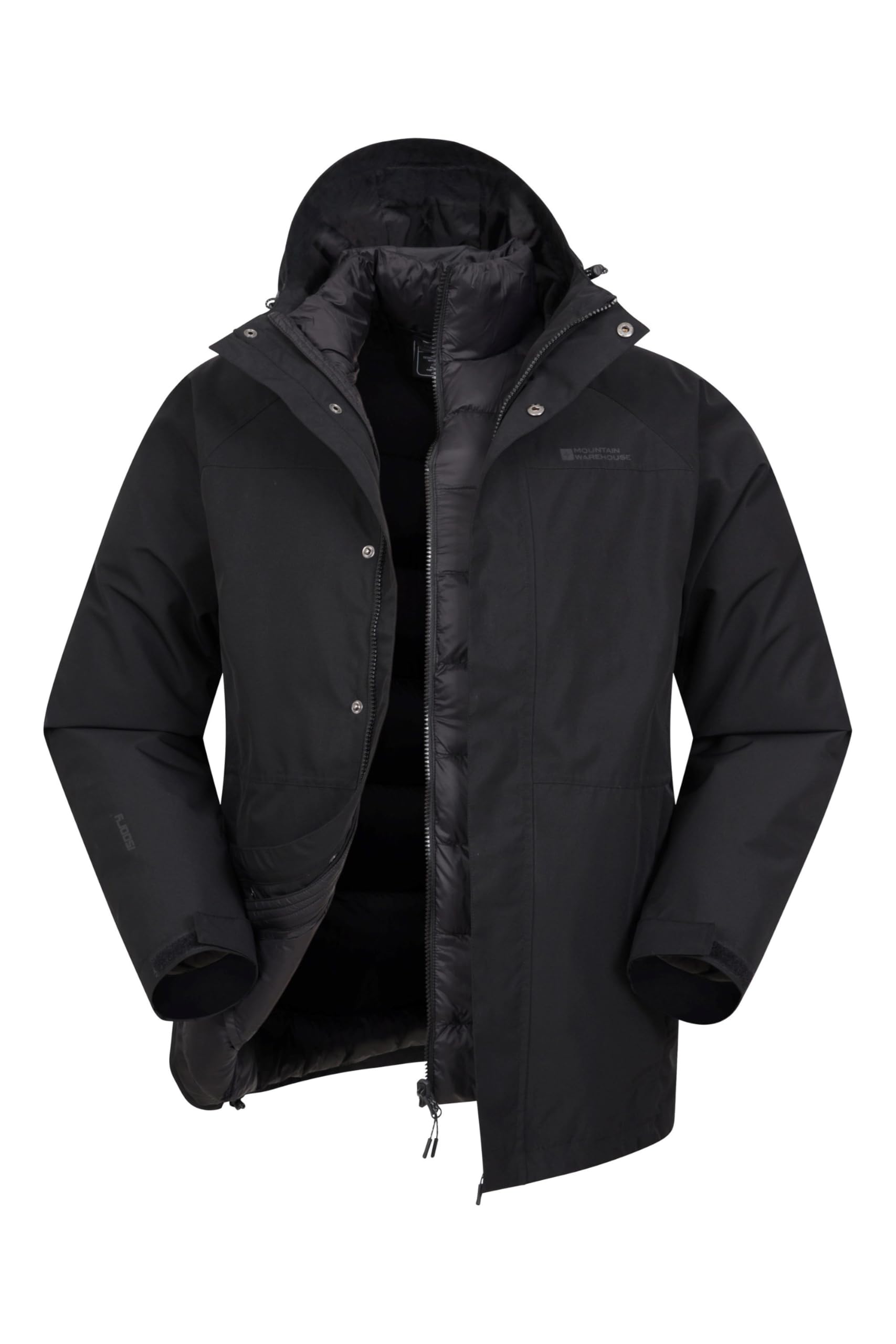 Mountain Warehouse Alaskan Mens 3-in-1 Waterproof Jacket - Breathable Coat with Taped Seams & Microfibre Insulation - Autumn Winter Wet Weather, Walking & Outdoors Black S