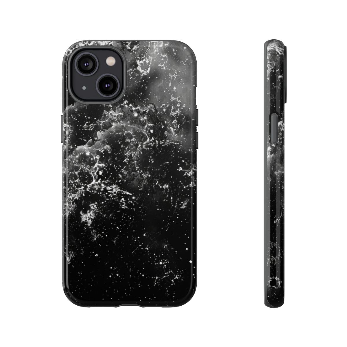 Coque iPhone 14 Plus galaxie noire et blanche rigide brillante
