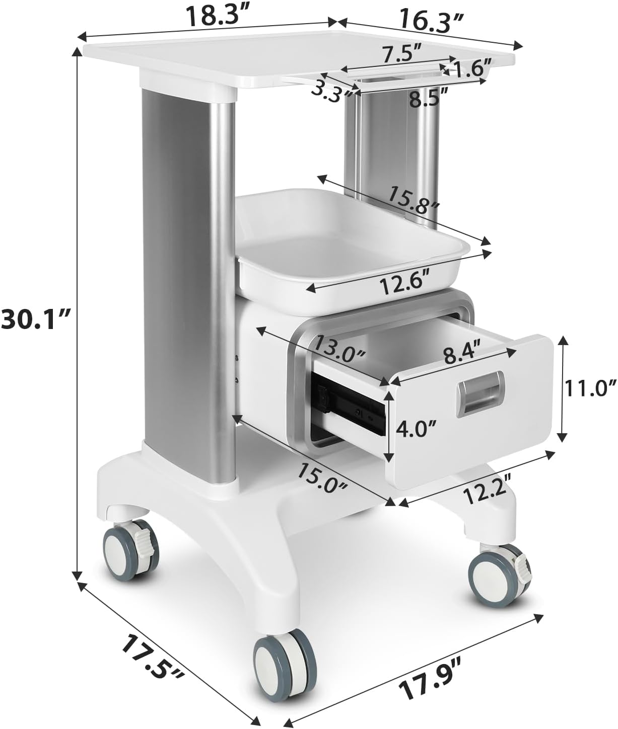 Medical Trolley Mobile Ultrasound Cart 135 LBS Load Professional Portable Storage Cart with 4 Silent Wheels Tray for Hospital Dental Clinic Beauty Salon Office Bedroom