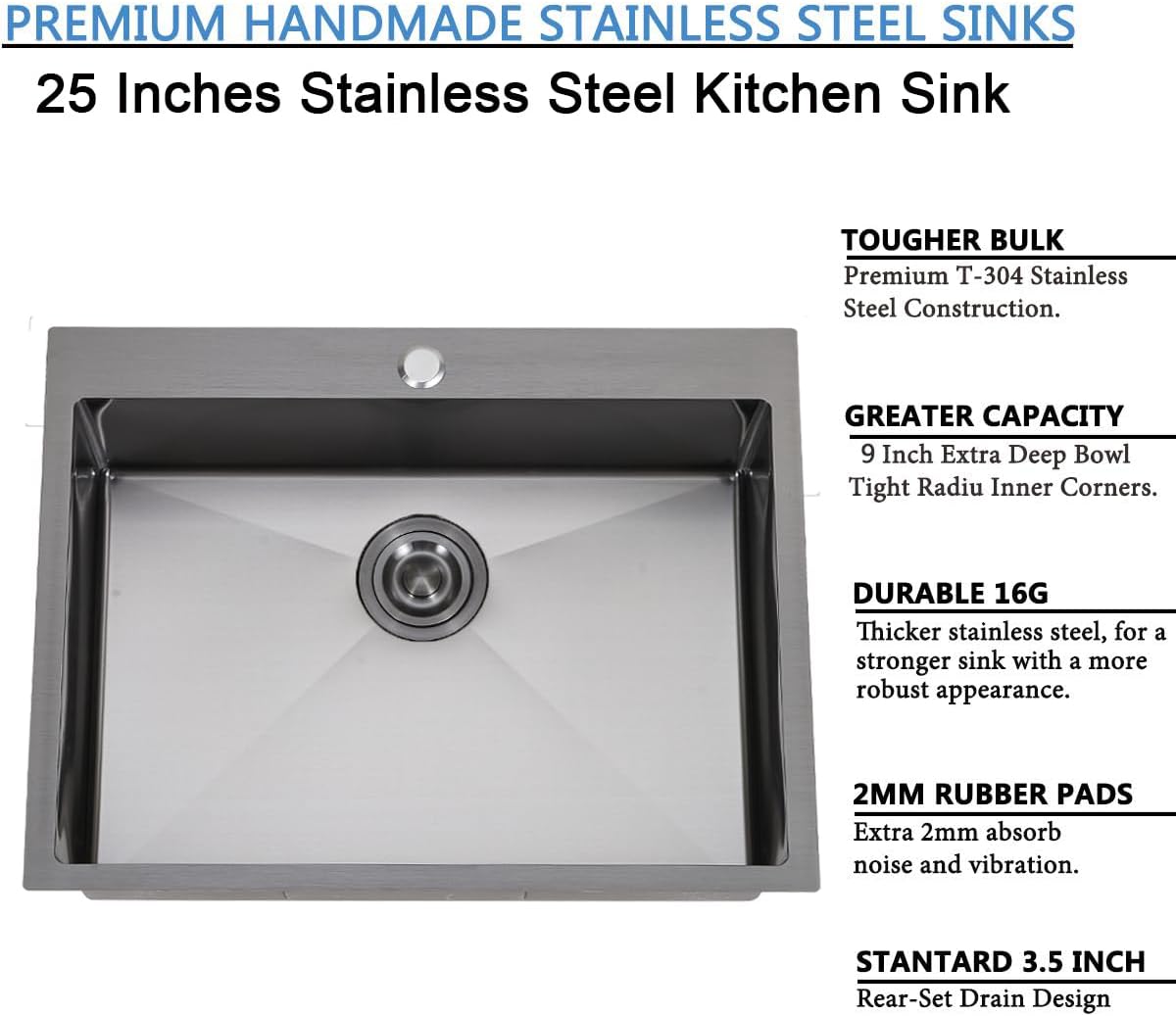SHACO 25x18 Inch Black Drop In Kitchen Sink, 25 Inch Gunmetal Black Bar RV Laundry Utility Outdoor Stainless Steel 16 Gauge Single Bowl Deep Small Kitchen Sink