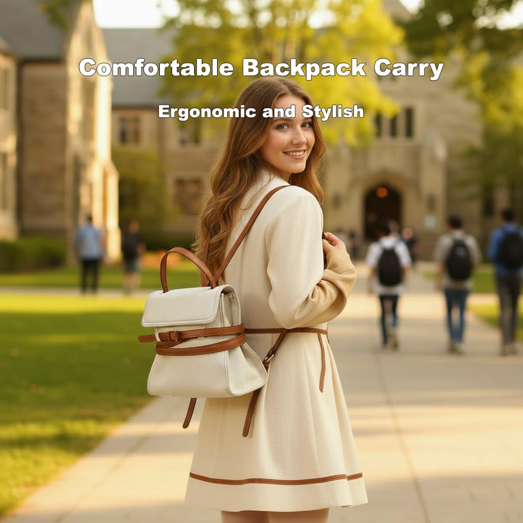 Small Backpack Purse for Women, Convertible Designer Mini Backpack with Leather, Canvas Travel Handbag Fashion Bag for Daily Use, Work, Outing - Beige - Image 3