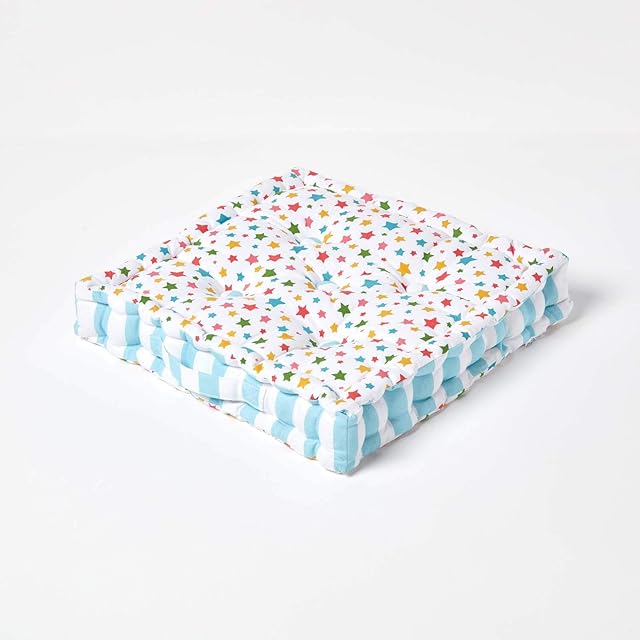 HOMESCAPES - Star Multi - 100% Cotton - Floor Cushion - Blue Orange White - 40 x 40 x 8 cm Square - Indoor - Garden - Dining Chair Booster - Seat Pad Cushion