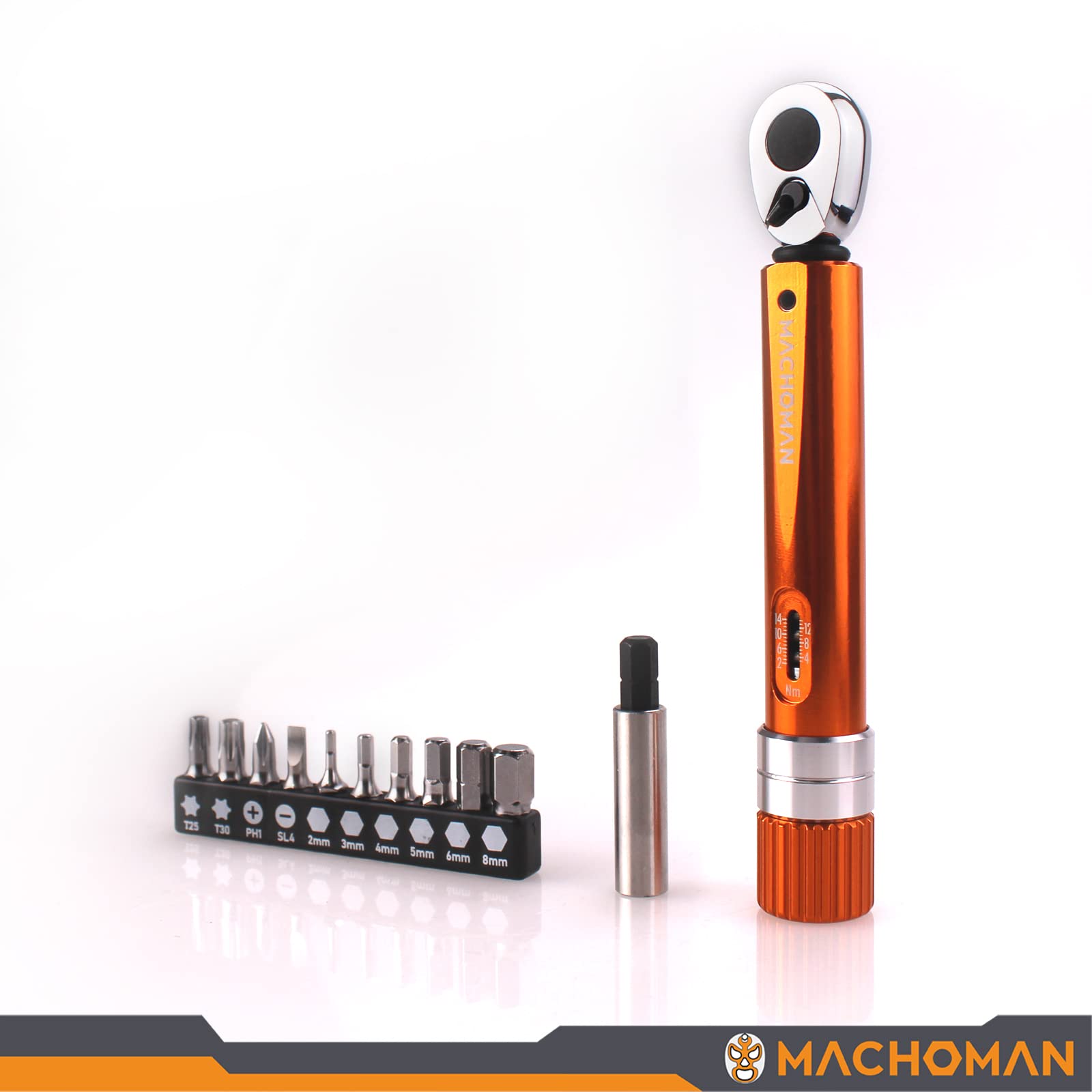 MACHOMAN Llave Dinamométrica Bicicleta 2-14 Nm 1/4, Carraca 72 Dientes | Carraca 72 dientes, puntas Hex Torx PH SL, portapuntas y extensión para manillar sillín freno