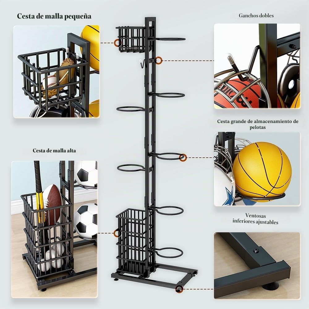 NUODWELL Estante de almacenamiento de pelotas, organizador deportivo con cesta y ganchos, estante de baloncesto de metal, para garaje y hogar