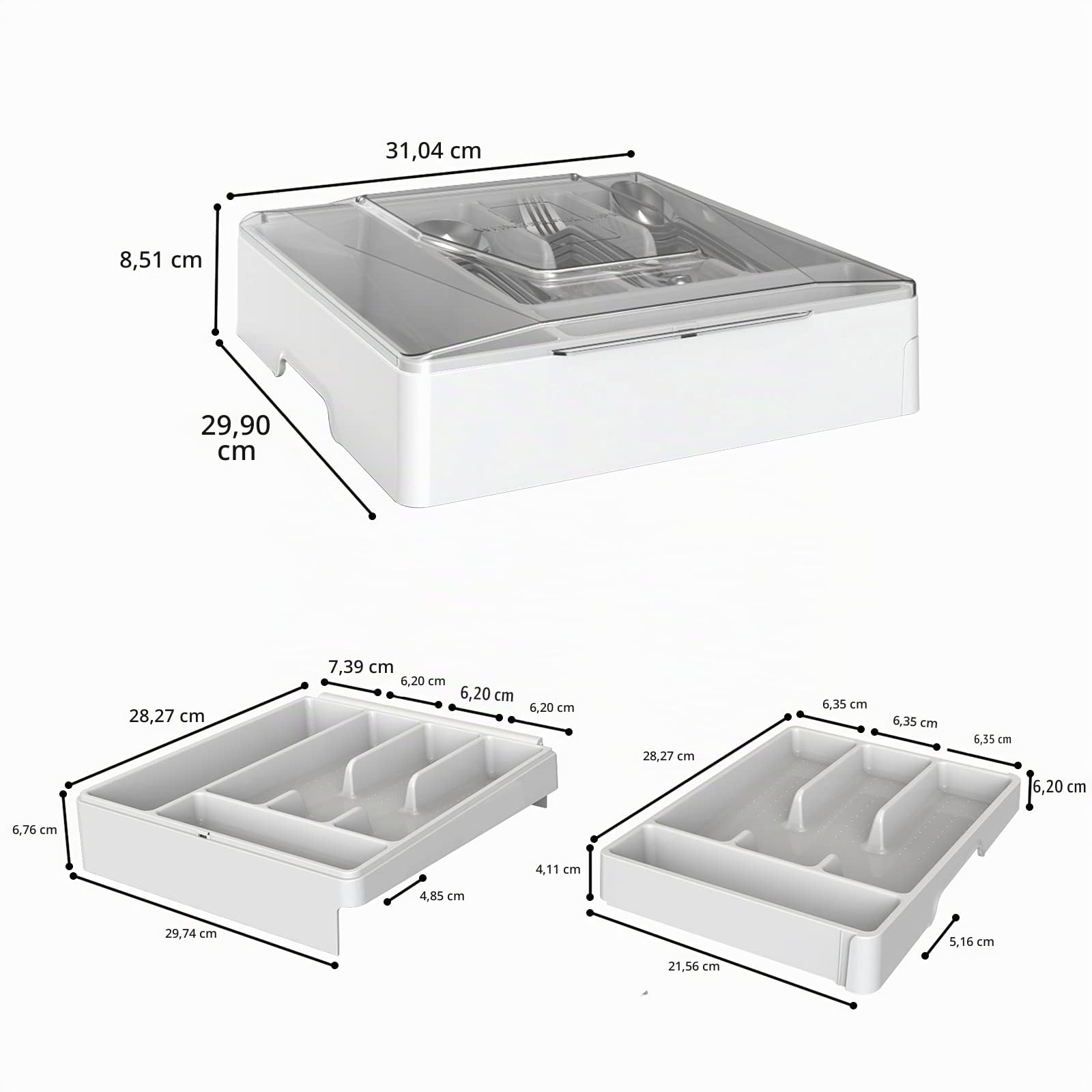 Organizer per posate a doppio strato con coperchio, vassoio per posate, vassoio per posate, vassoio per cassetti da cucina, con porta utensili a 2 livelli e 9 scomparti, contenitore per posate (bianco