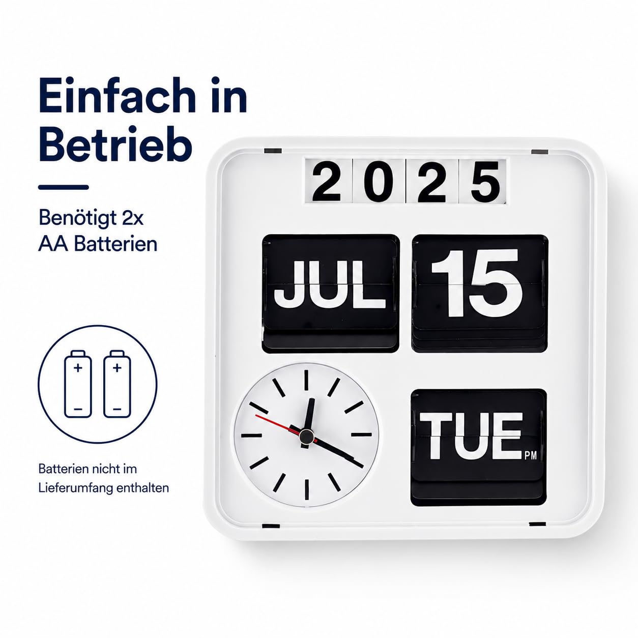 Eurotime 80005-00 Retro Tisch- & Wanduhr mit Voll-Datumsanzeige inkl. Jahr, Quarzuhr im Klappkarten-Design, automatischer Monatswechsel, 18 x 18 x 7,5 cm, Weiß