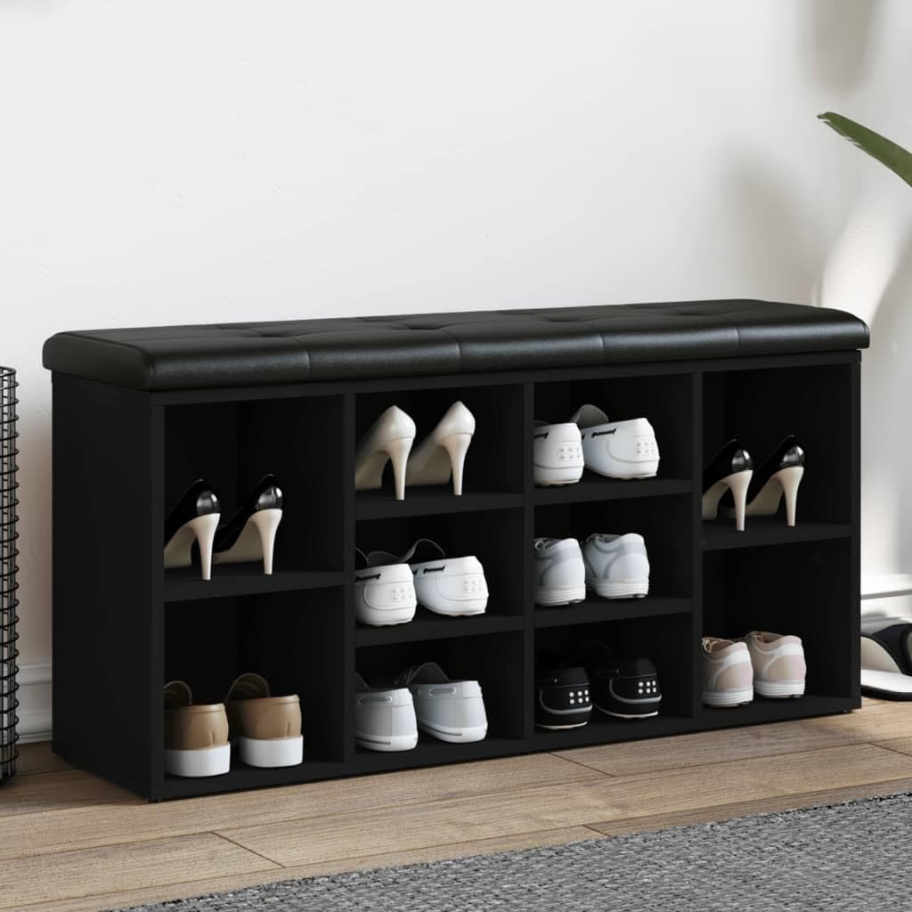 Zapatero negro de madera 102 x 32 x 50 cm con cojín acolchado, banco de pasillo con espacio de almacenamiento, banco para pasillo y salón, almacenamiento para zapatos y orden