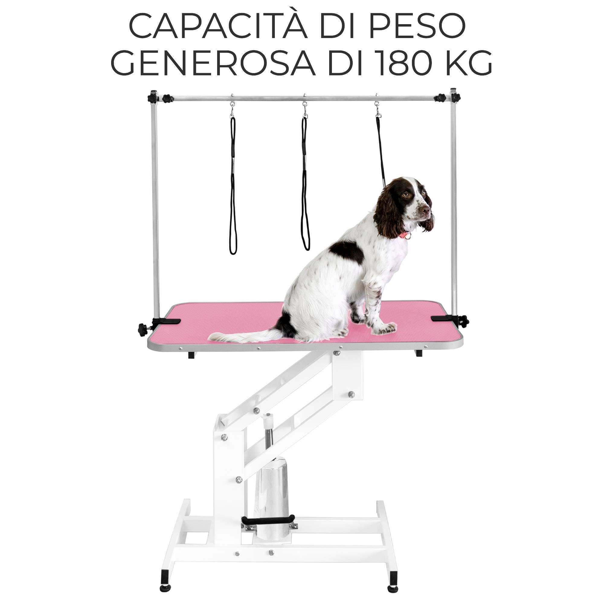 Tavolo Toelettatura Professionale Idraulico - Altezza Regolabile 55-101 cm Capacità 180 kg Piano in Gomma Rosa Antiscivolo Struttura in Acciaio Bianco 4 Piedini Livellanti 3 Guinzagli di Sicurezza