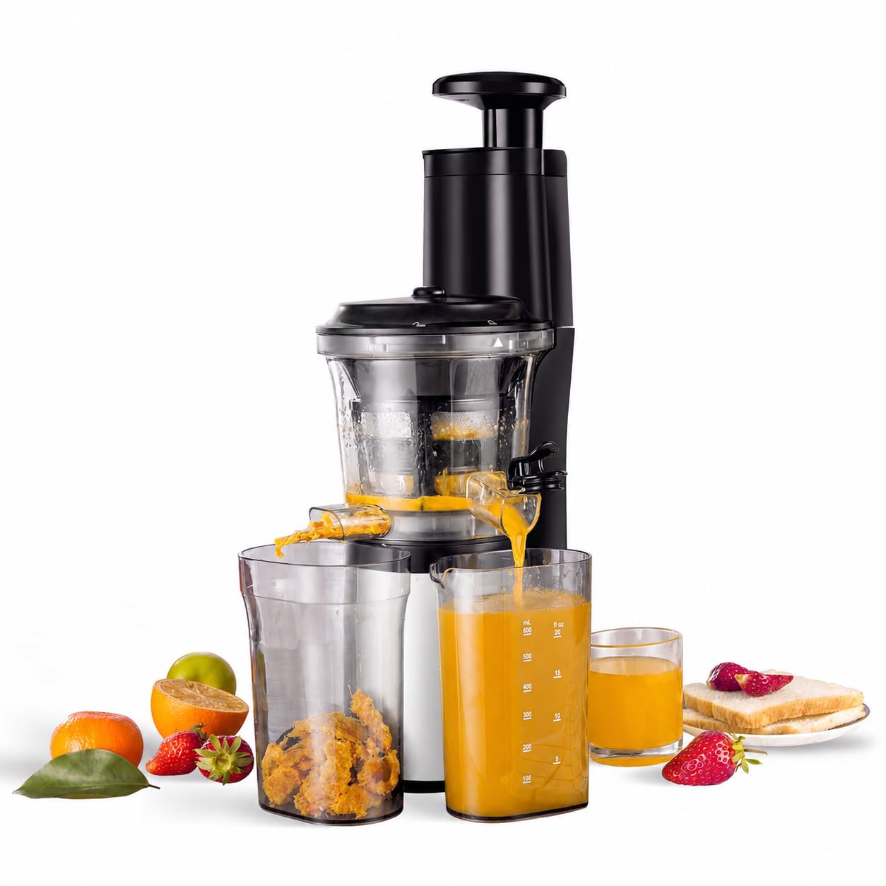 Wiltal Slow Juicer, Elektrischer Entsafter für Obst, Gemüse, Granatapfel, Zitrusfrüchte, Sorbet. 76-mm-Futterschacht mit Weitem Mund, BPA-frei, 150 W, Schwarz Weiß