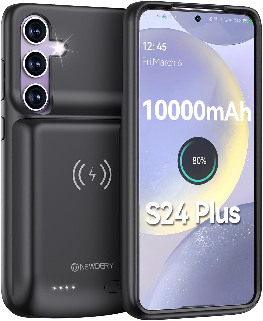 NEWDERY 10000mAh Battery Case for Samsung Galaxy S24 Plus, Portable Protective Qi Wireless Charging Case, Protective Portable Charger Case with Extended Rechargeable Battery Pack for S24+ 6.7" Black
