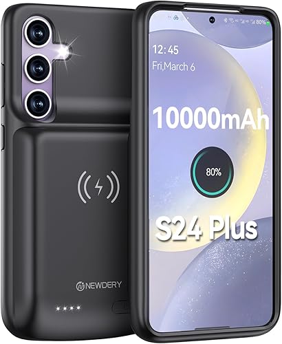 NEWDERY Funda de batería para Samsung S24 Plus, carga inalámbrica Qi de 10000 mAh, carga rápida, sincronización de datos, cargador recargable