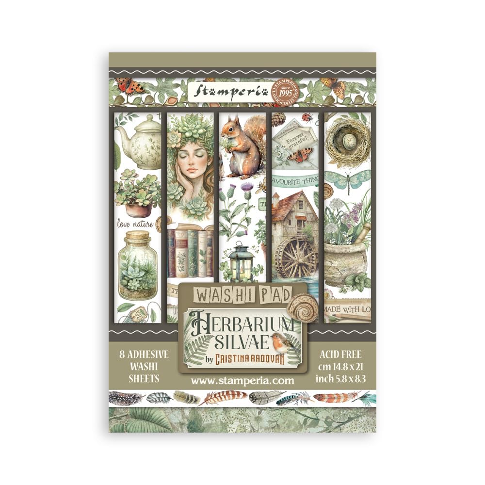 Stamperia - Washi Pad for Scrapbooks, Albums, Cards, Bullet Journals and More, Translucent and Easy to Cut, Acid Free, Perfect for Hobbies, Crafts, and Gifting (Herbarium Silvae) (A5) (8 Sheets)