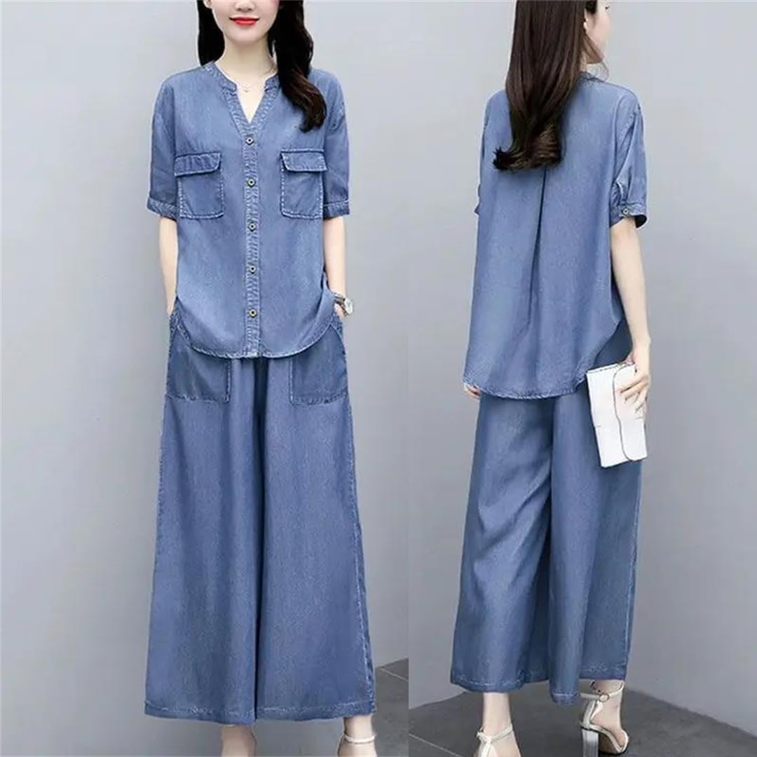Womens Elegant Denim Two Piece Set Short Sleeve Shirt And Elastic Waist Harem Pants Thin Summer Casual Outfit