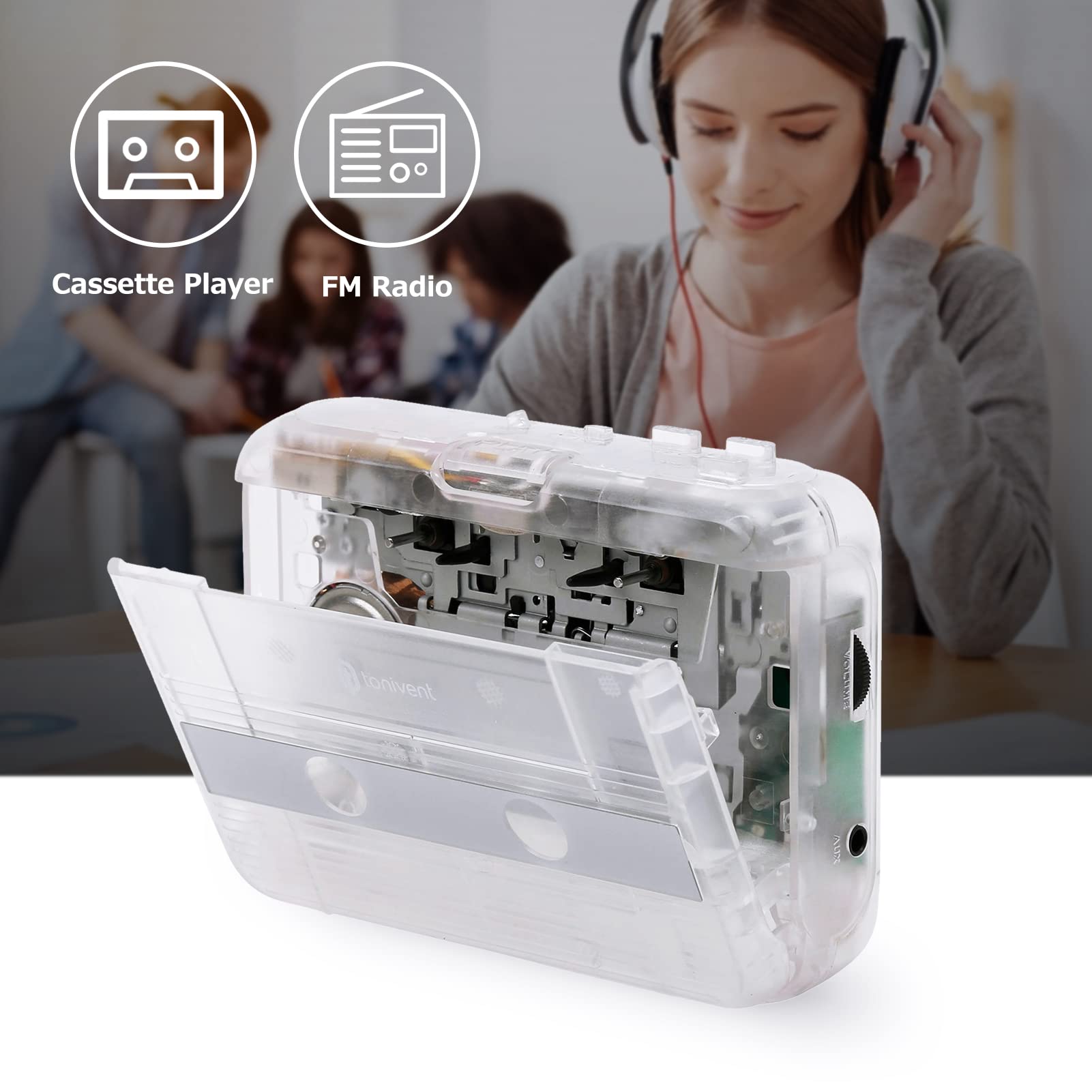 Zunate Przenośny Przezroczysty Odtwarzacz Kasetowy BT Stereo Automatyczny Odtwarzacz Taśm Zwrotnych Radio FM do Podróży Domowych Mini z Monitorowaniem Słuchawek do Szkoły