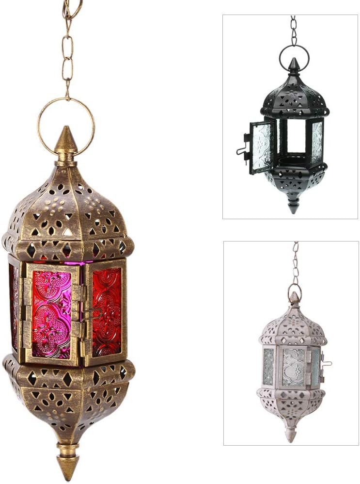 GKanMore Hanging Candle Lantern Retro Moroccan Candle Holder Hollow Metal Glass Candle Holder Lantern with 15.7" Hanging Chain for Home Patio Christmas Decorations (Bronze)