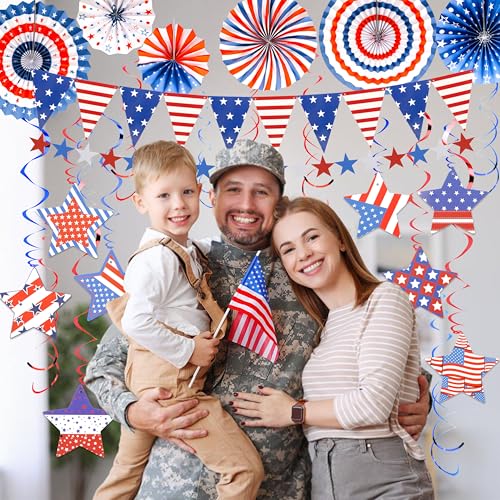 Image of 4th of July Decorations Set Red White and Blue Decorations Including Paper Fans, Star Streamer, Pom Poms Party Hanging Swirls for Memorial Day, Independence Day, Labor Day