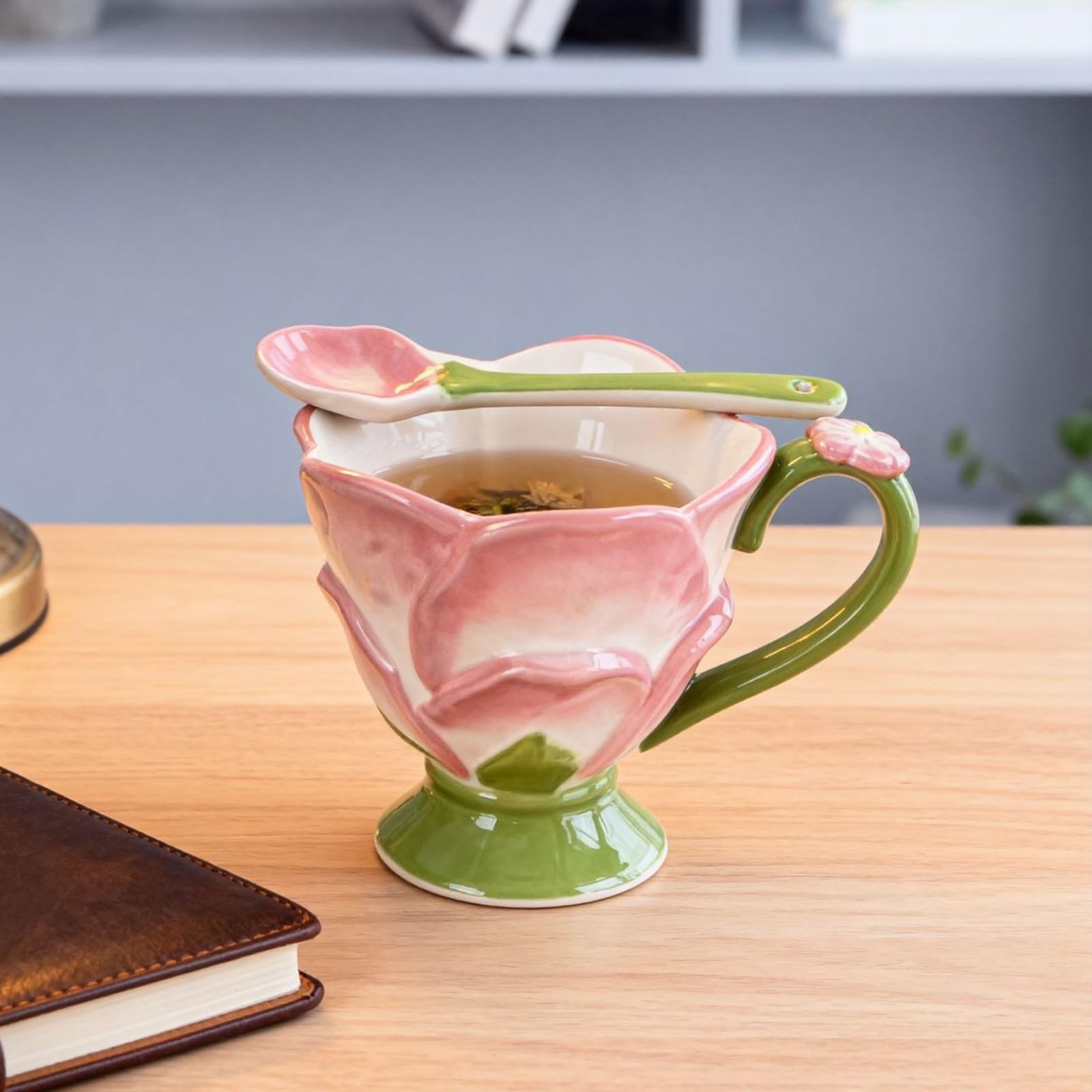 Zestaw ceramicznych filiżanek do herbaty kwiatowej | Codzienny zestaw do herbaty: ceramiczny kubek kwiatowy o pojemności 350 ml z łyżeczką