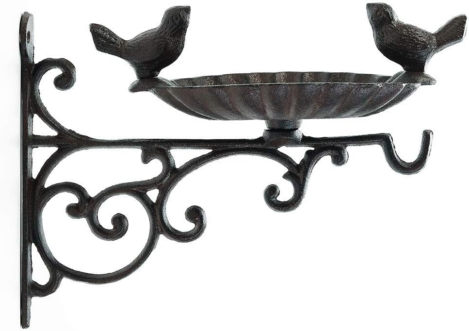Heavy Duty Cast Iron Bird Feeder with Hanging Bracket - Wall Mounted Bird Bath - Vintage & Lovely Birds Hanger Wall Hook for Planters, Lanterns, Wind Chimes and More Garden Decorative Items