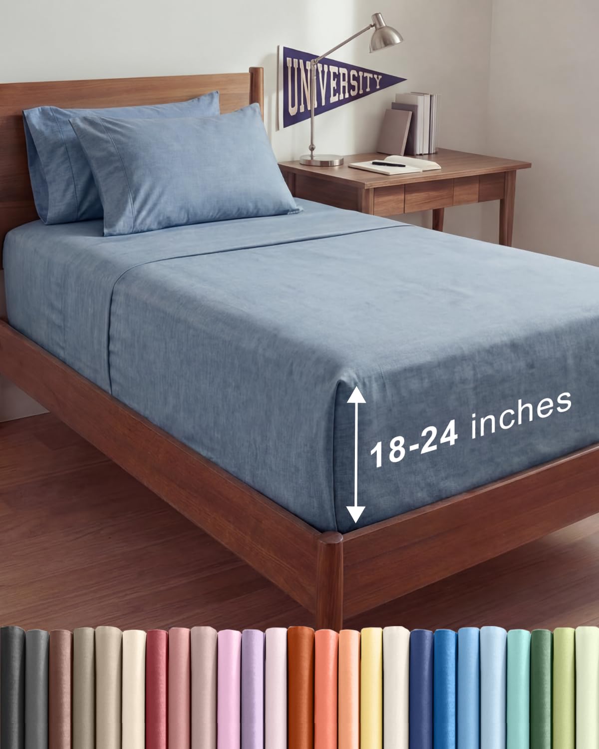 CGK Extra Deep Twin XL Sheet Set - 4pc College Dorm Room - Heathered Blue