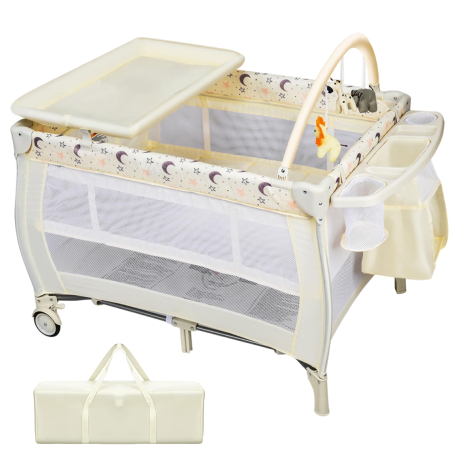 Maxmass 3 in 1 Baby Travel Cot, Foldable Bedside Crib with Changing Table, Hanging Toys, Wheel, Carry Bag, Infants Nursery Center Baby Cot Bed for 0-36 Months (Gray) — view 10