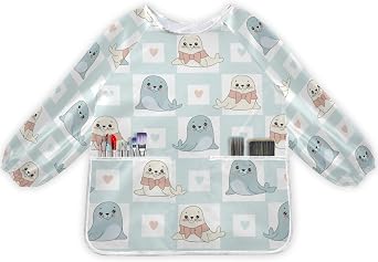 Seals Blue Hearts Kids Art Smocks Long Sleeves Kid Painting Aprons Artist Smock for Cooking Painting Baking