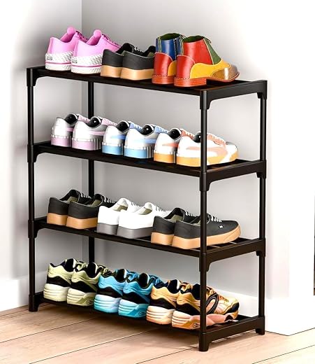 RIVATR Shoes Rack 4 Tier Shoe Rack with Shelf, Folding ShoeRack for Bedroom, Living Room, Entryway, White, ShoeRack, Footw