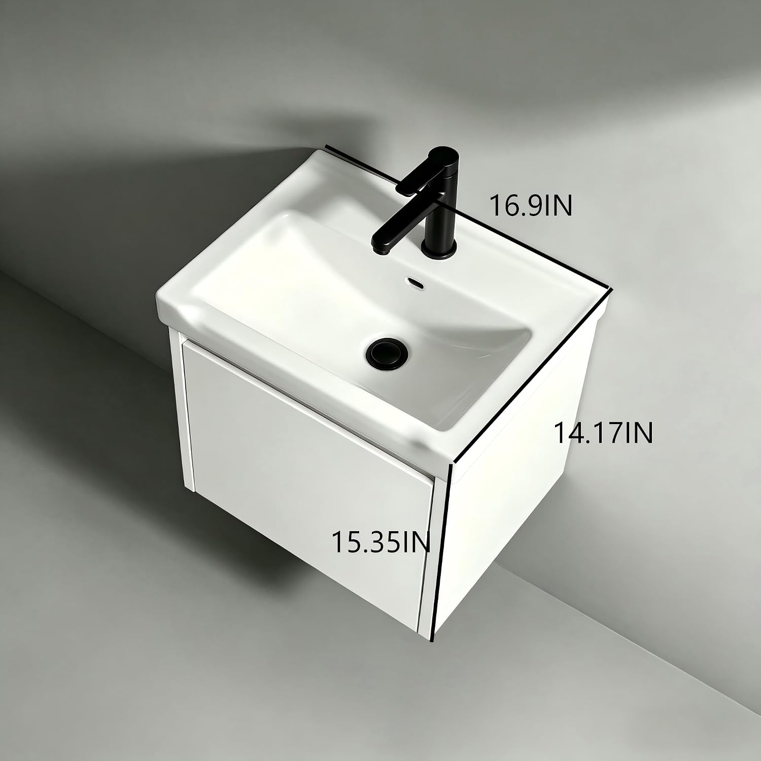 Modern-style 17in wall-mounted bathroom vanity with a ceramic sink and a compact floating vanity cabinet featuring soft-close doors,a storage solution designed specifically for small bathrooms (White)