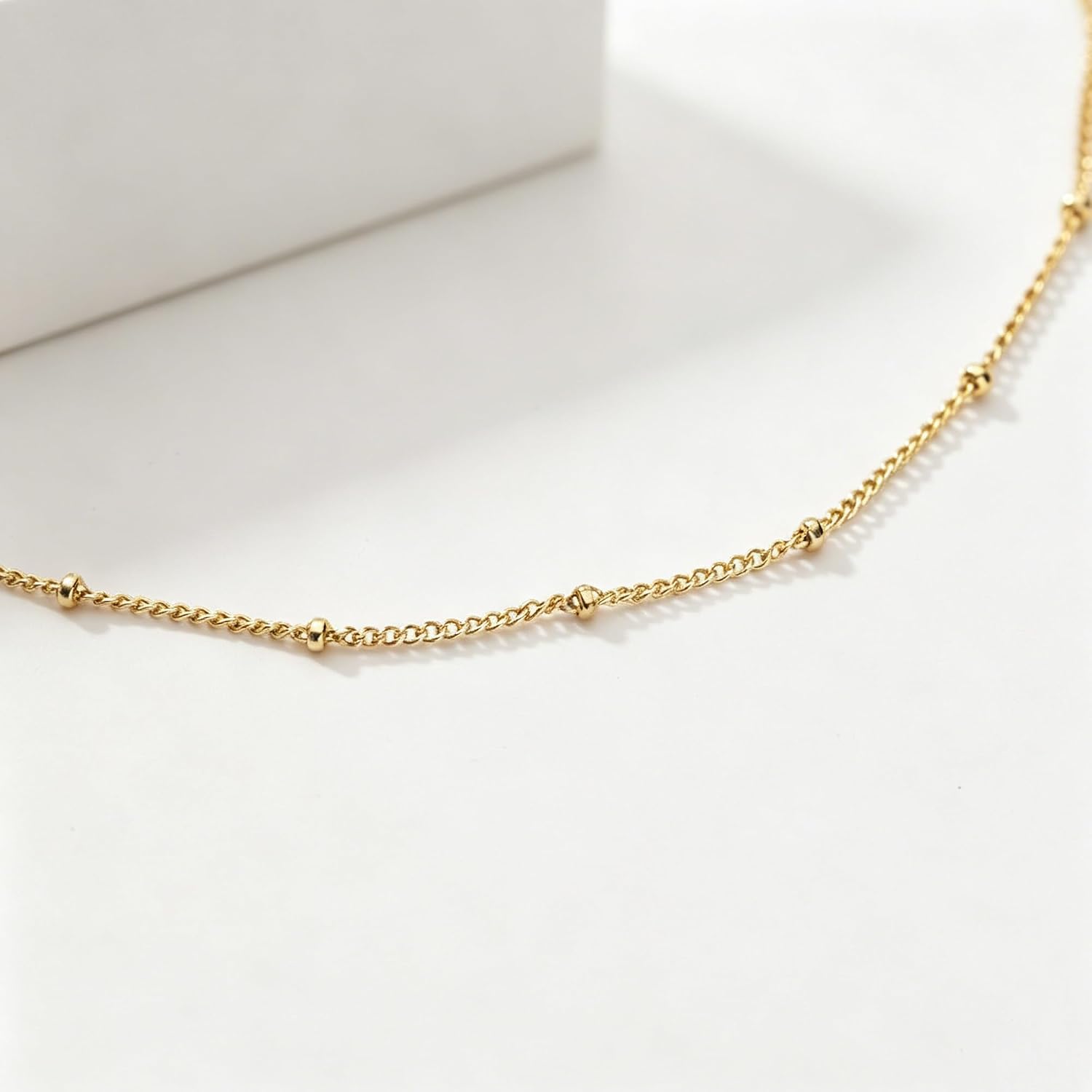 NOKMIT 14K Gold Filled Satellite Beaded Chain Neckalce for Women, Dainty 1.5mm Bead Link Choker, 16-22 Inch, Hypoallergenic, Non Tarnish, Cadenas de Oro 14K para Mujer