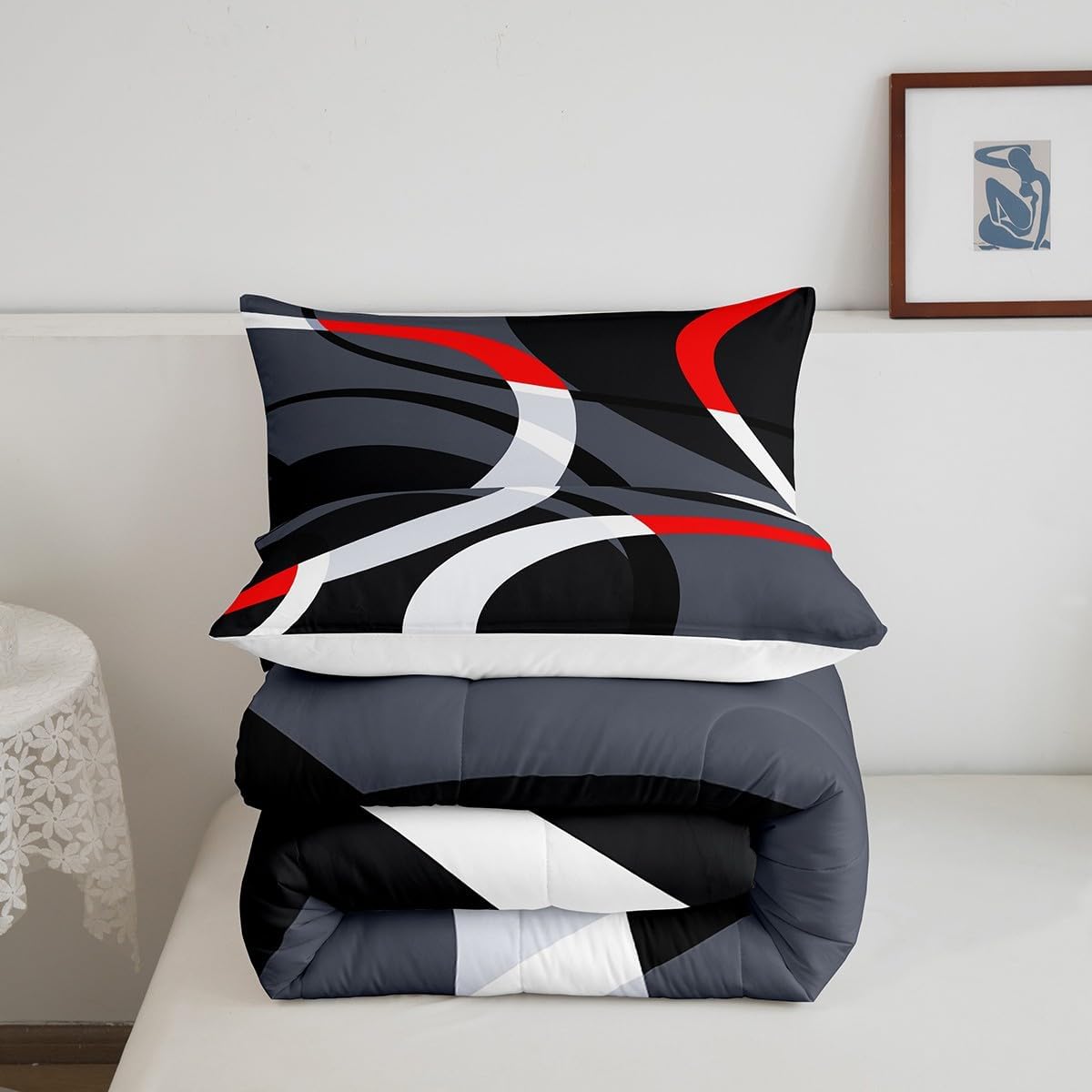 Geometric Circle Comforter Set Red Grey and Black Comforter for Kids Boys Girls Teens Geometrics Bedding Set Breathable Abstract Art Duvet Set Modern Luxury Room Decor Quilt Set Full Size