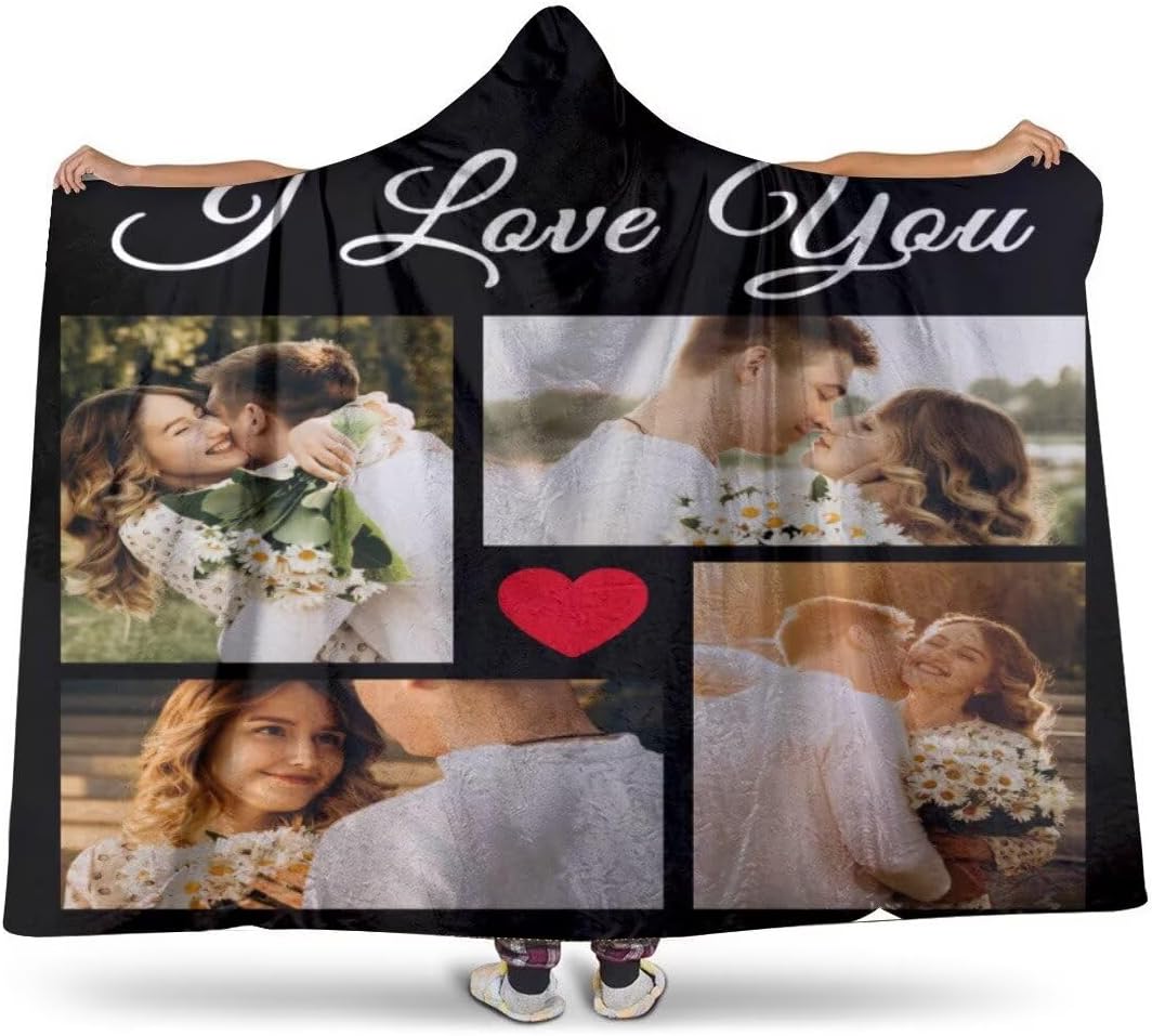 Custom Hooded Blanket with Photo Text,Personalized Wearable Blanket Hoodies,Love You Throw Blanket with Hooded for Couple Friend Mother Father,60"x80"