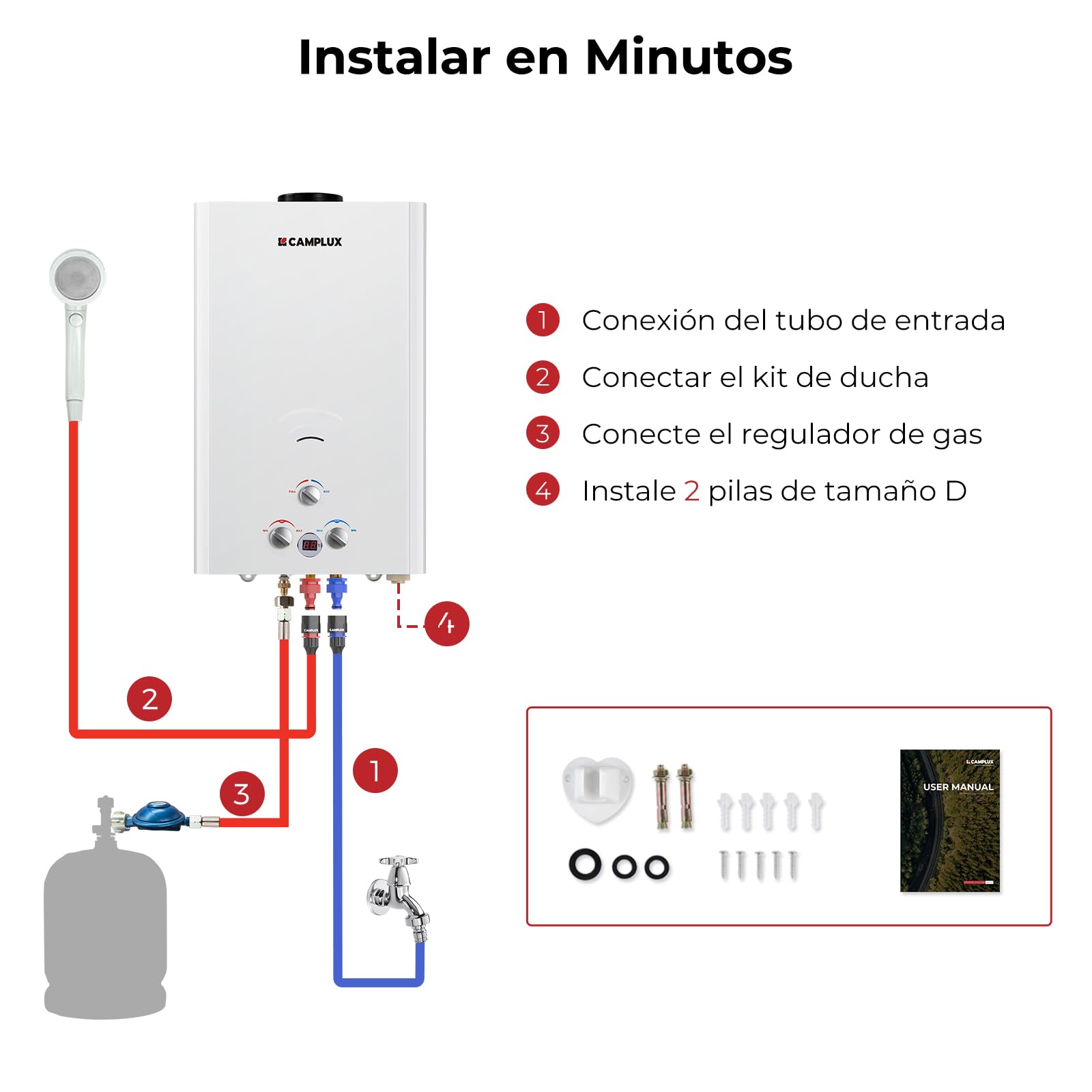 CAMPLUX Calentador de Agua a Gas de 16 Litros, GLP, 50mbar, para Campar, RV, 32kW