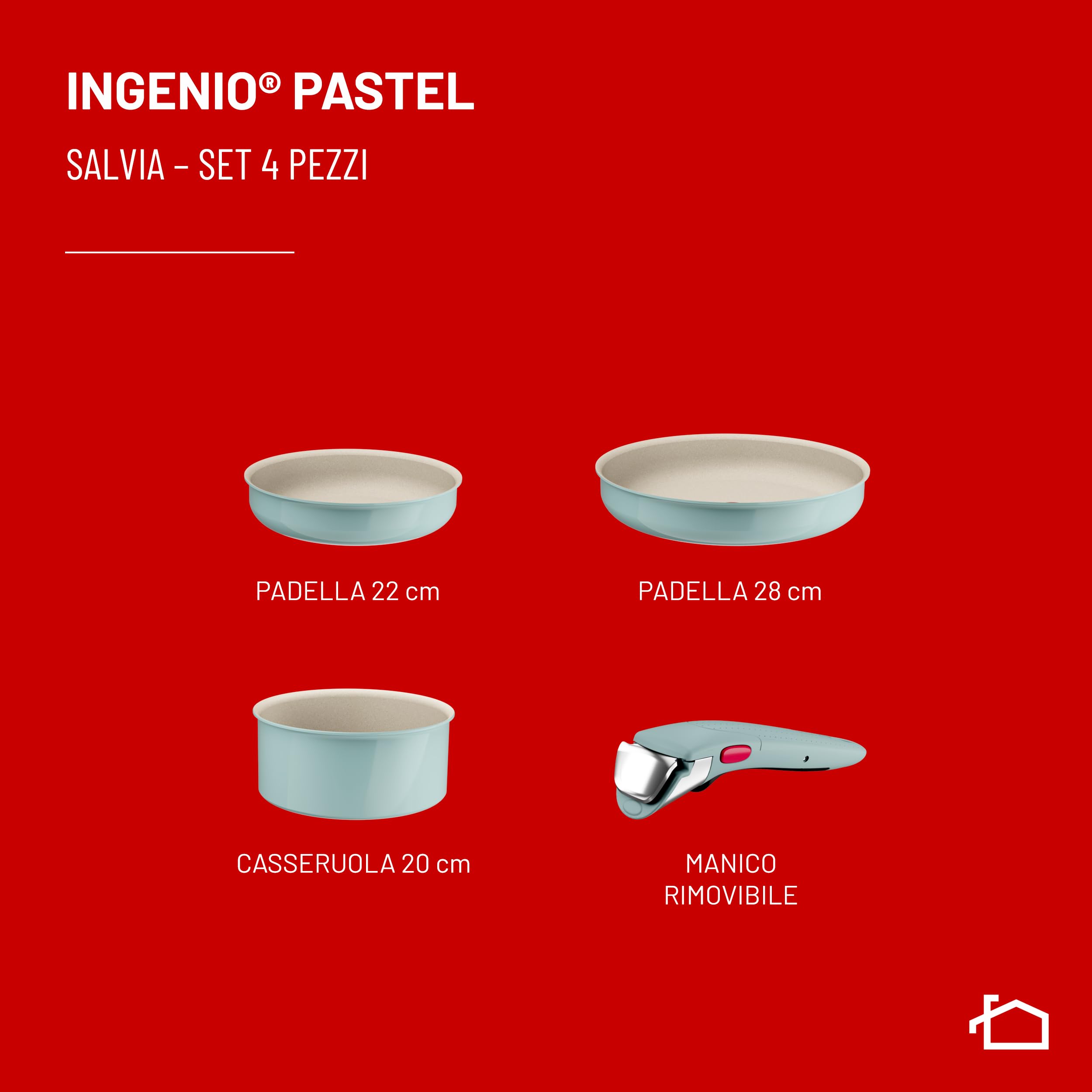 Lagostina Ingenio Pastel, Set di Padelle Antiaderenti 4 Pezzi con Manico Rimovibile, Compatibili con Induzione e Forno, Design Salvaspazio, Colore Salvia