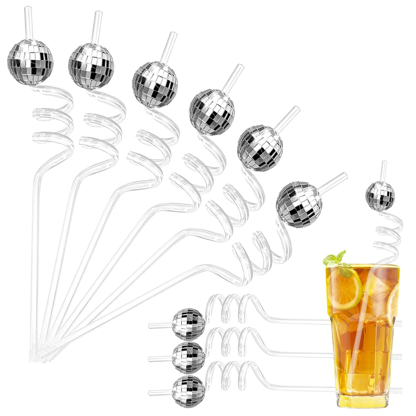 Photo 1 of 12 PCS Disco Ball Straws Disco Party Decorations Glitter Mirror Disco Ball Straws Plastic Straws for 1970s Retro Disco Party Wedding Birthday Party Decorations