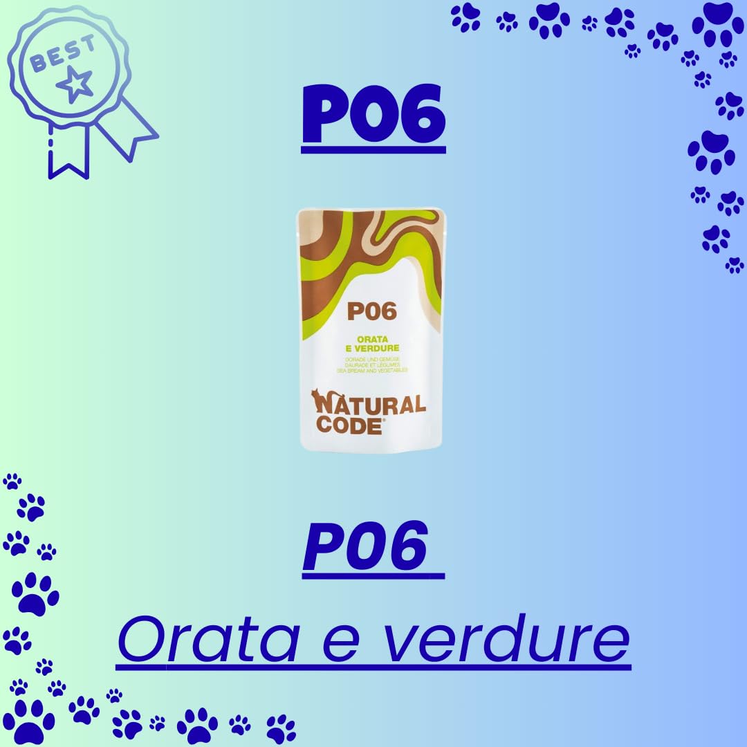Natural Code - Alimento Húmedo para Gatos en Bolsa, Alimento Complementario para Gatos de Todas Las Tallas y Razas, P06 Besugo y Verduras, 12 Sobres de 70 Gramos
