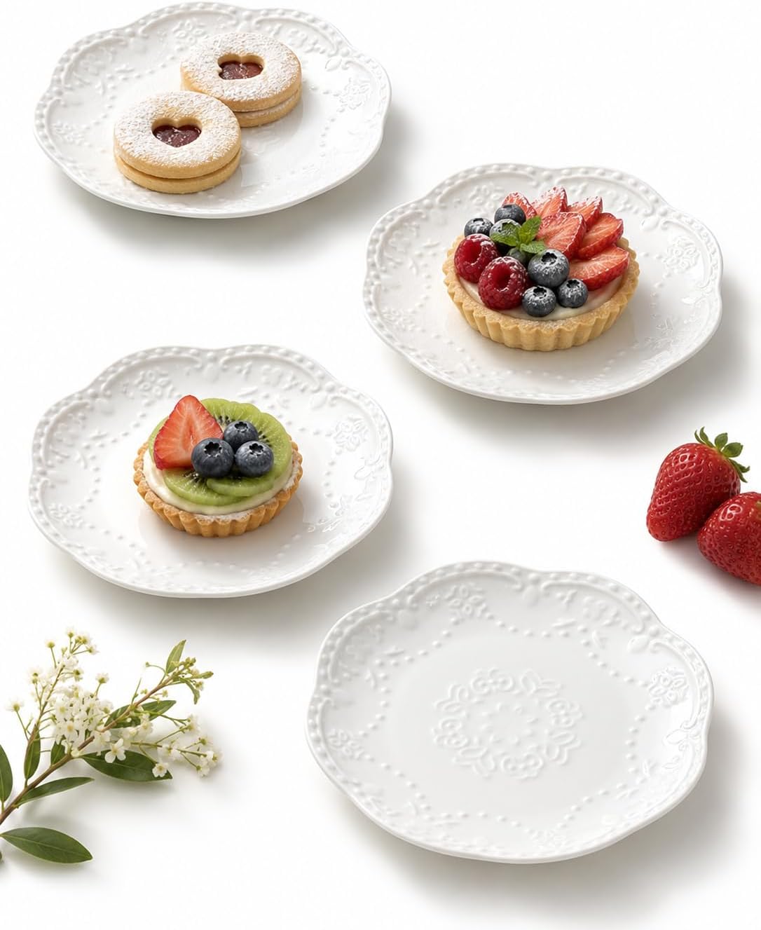 White Small Dessert Plates Set of 4,Ceramic Dinner Plates 6 Inch for Appetizer, Fruits, Cake, Salad,Microwave Safe,Christmas Gift