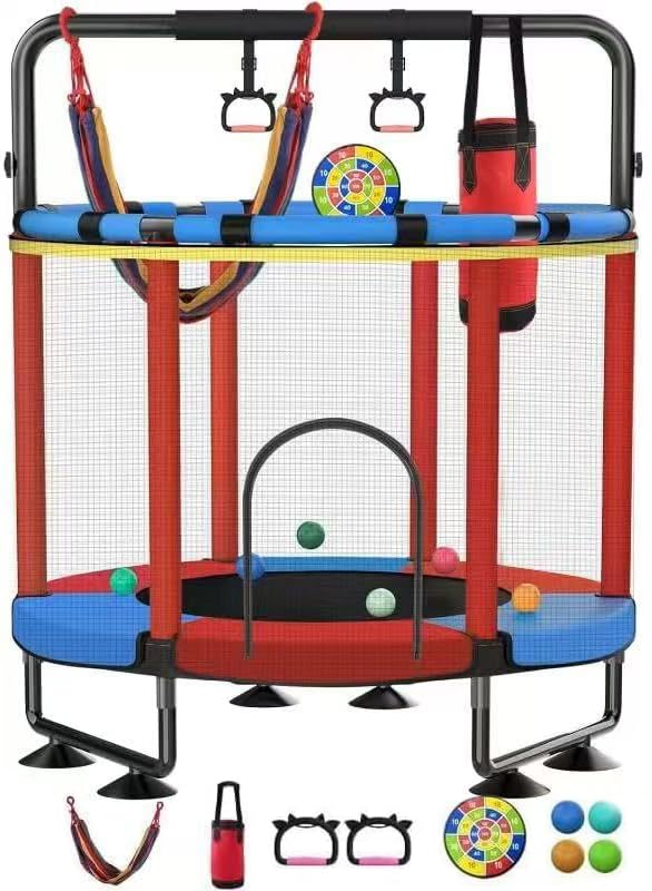Trampoline for Kids Upgrade Full Anti-Rust 440lbs Indoor Outdoor Toddler Trampoline with Net 55 Adjustable Baby Toddler Trampolines Accessories Dart Board (D-Blue Red Red 55in)
