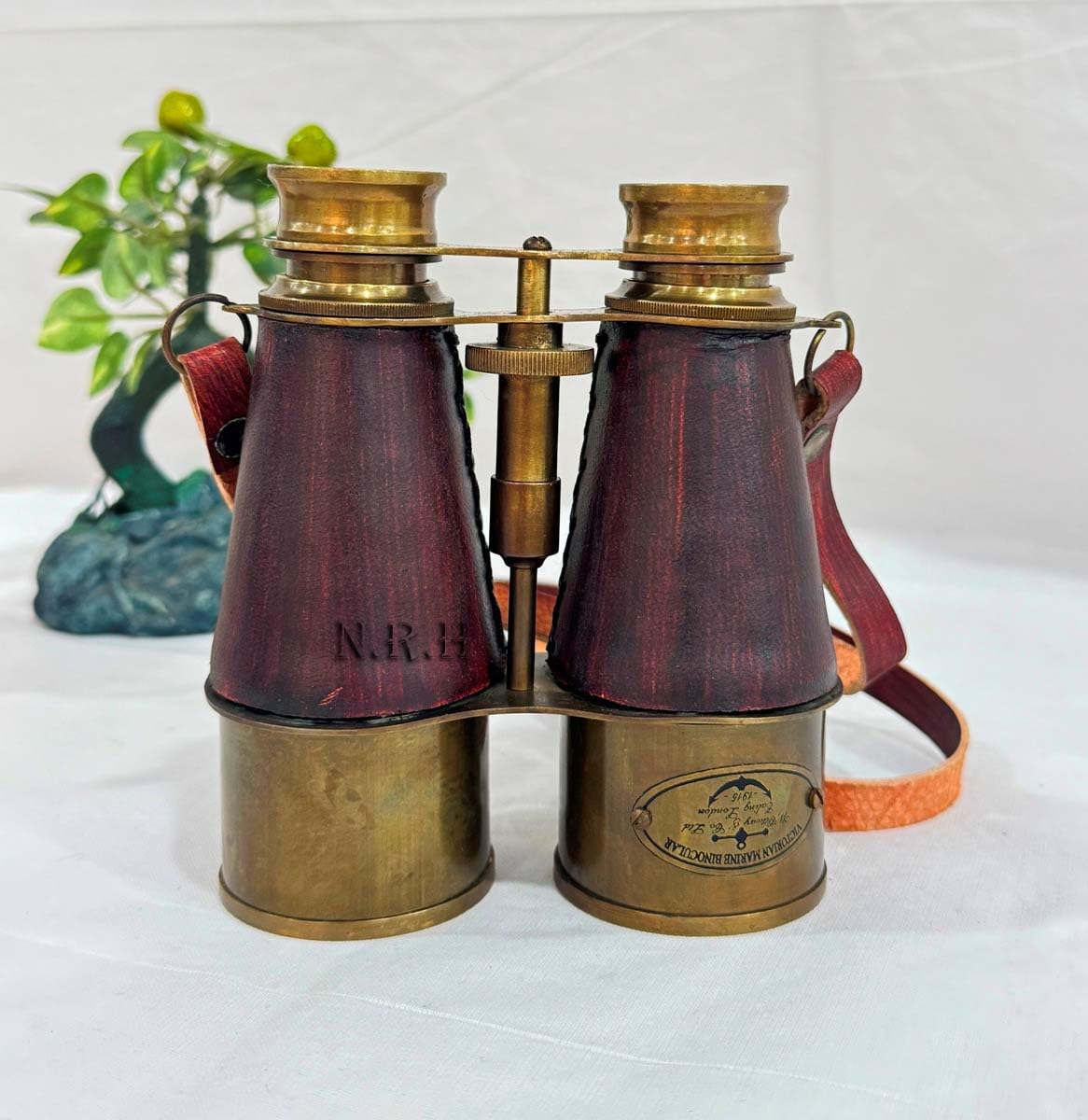 Binocolo nautico vintage in ottone, fatto a mano, con custodia in pelle