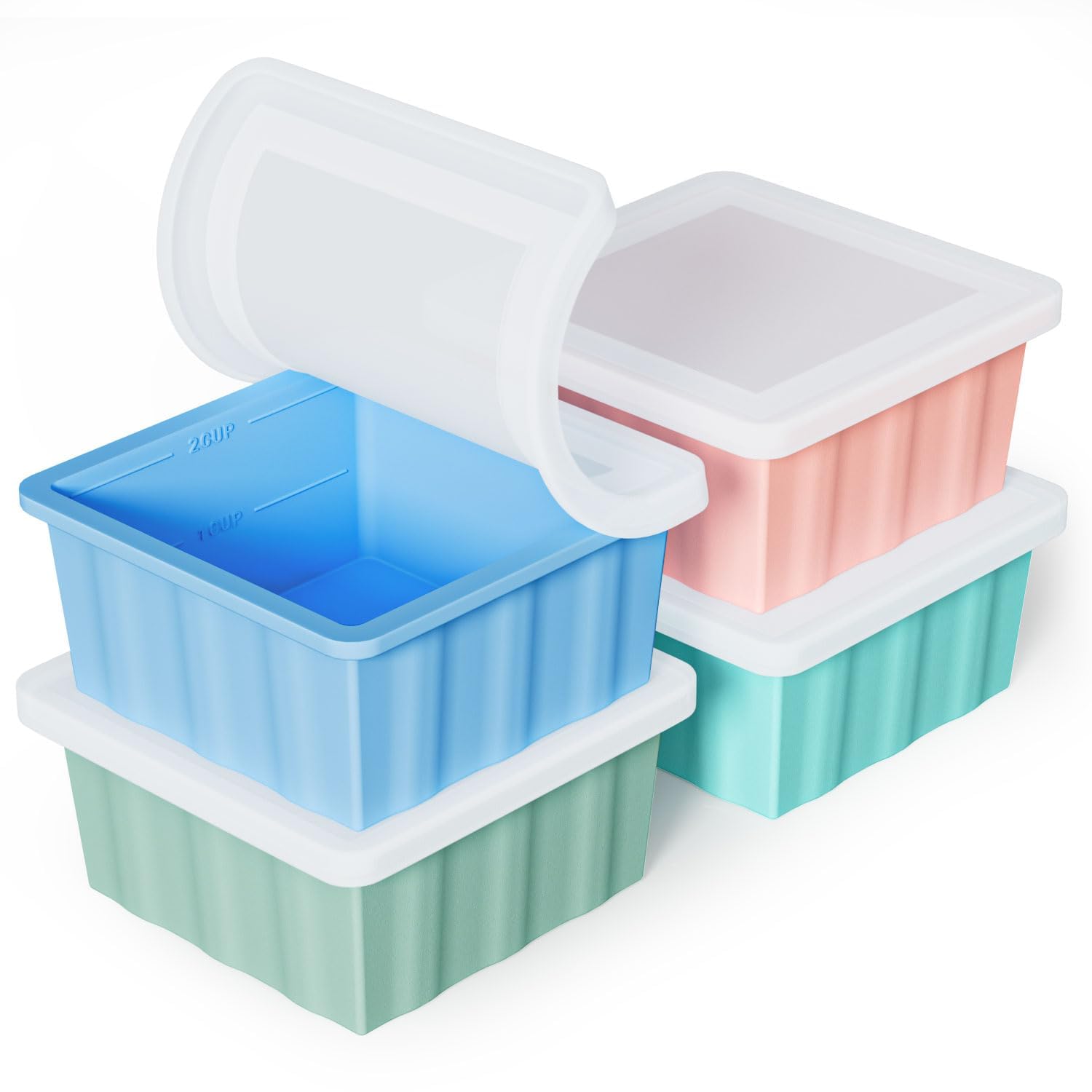 FINIBO Extragroße Silikon Gefriertablett, 2 Tassen Suppe Gefrierschrank Eiswürfelform mit Deckel, 4er-Pack Suppen Freezer Eiswürfelbecher für Container zum Speichern und Einfrieren von Brühe, Soße