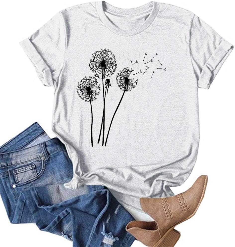 MaQiYa Womens Cute Make A Wish Dandelion Printed Tee Shirts Summer Cotton Vintage Graphic Tees Tops