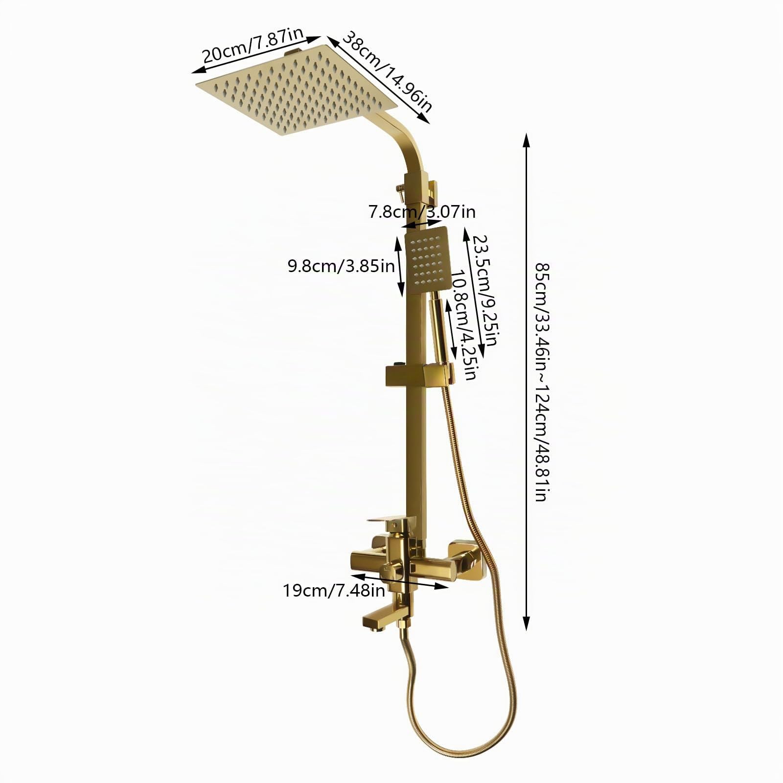 Grifo de ducha dorado, moderno sistema de ducha de latón cepillado con ducha de lluvia y ducha de mano, columna de ducha ajustable, juego completo para baño, montaje en pared, ideal para hotel y hogar