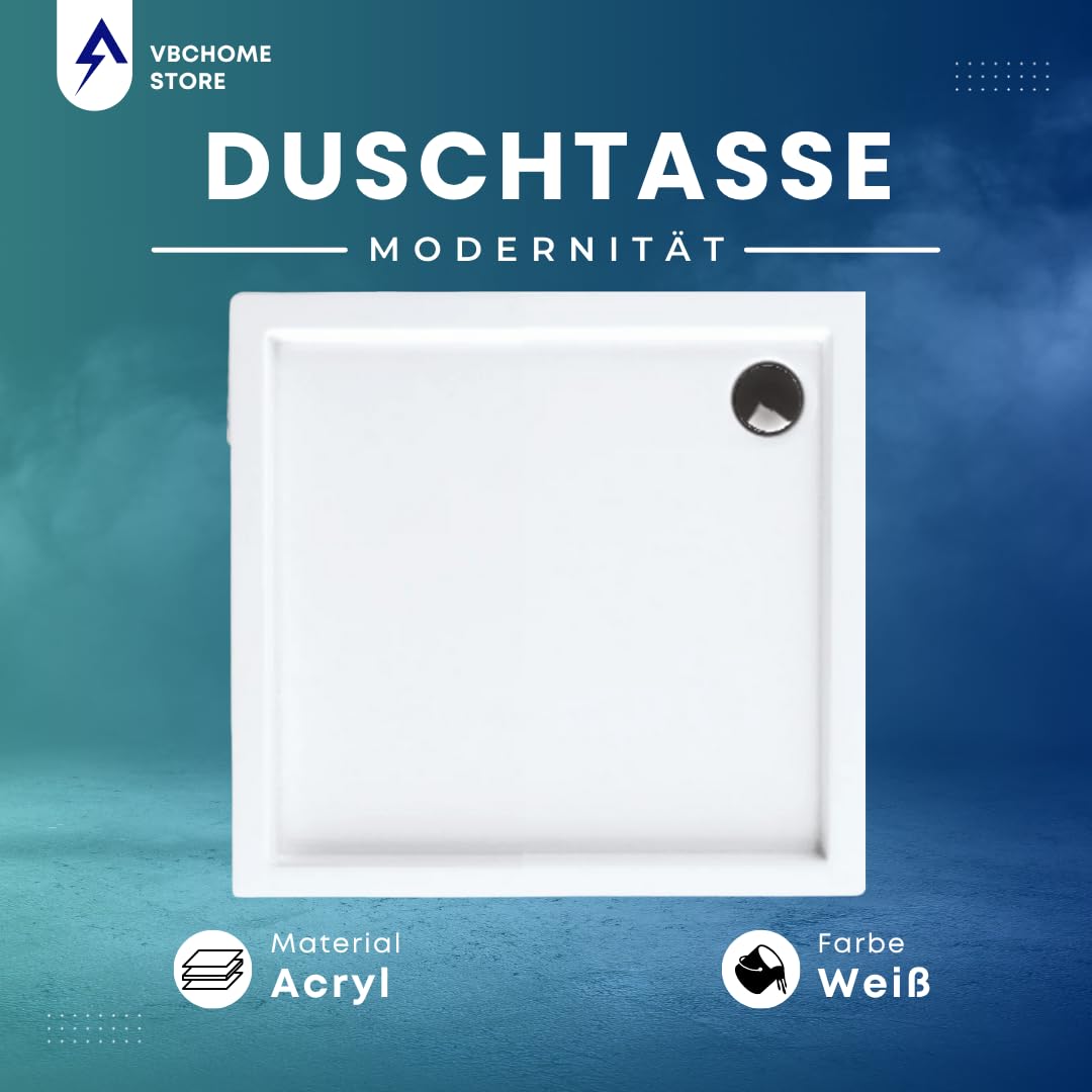 VBChome Acryl-Duschwanne 70x90x14 cm Duschtasse Competia rechteckig für Duschkabine Styroporträger extra flach Sanitär-Acryl Duschbecken stabil weiß + Siphon