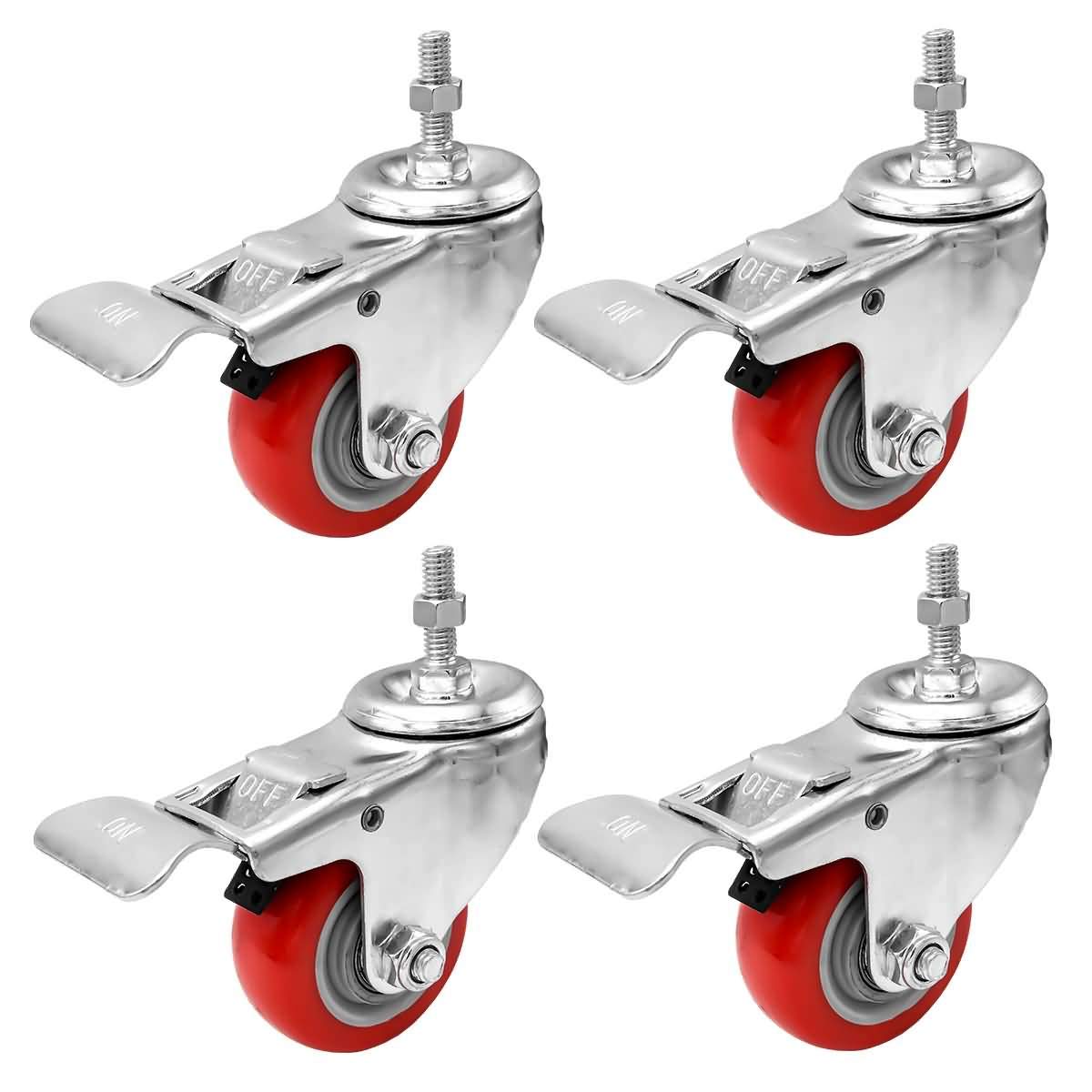 FactorDuty 3 Inch RED Caster Wheel with Brake Dual Locking 3/8"-1.2" Threaded Stem Mount Caster Wheel Polyurethane Wheels Premium Non Marking No Noise 250LB Per Wheel (Pack of 4): Industrial & Scientific