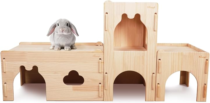 Niteangel Wooden Rabbit Castle and Hideout - Spacious and Breathable Bunny House Tunnel for Rabbit Chinchilla Guinea Pigs or Other Small-Sized Pets Full Set Castle