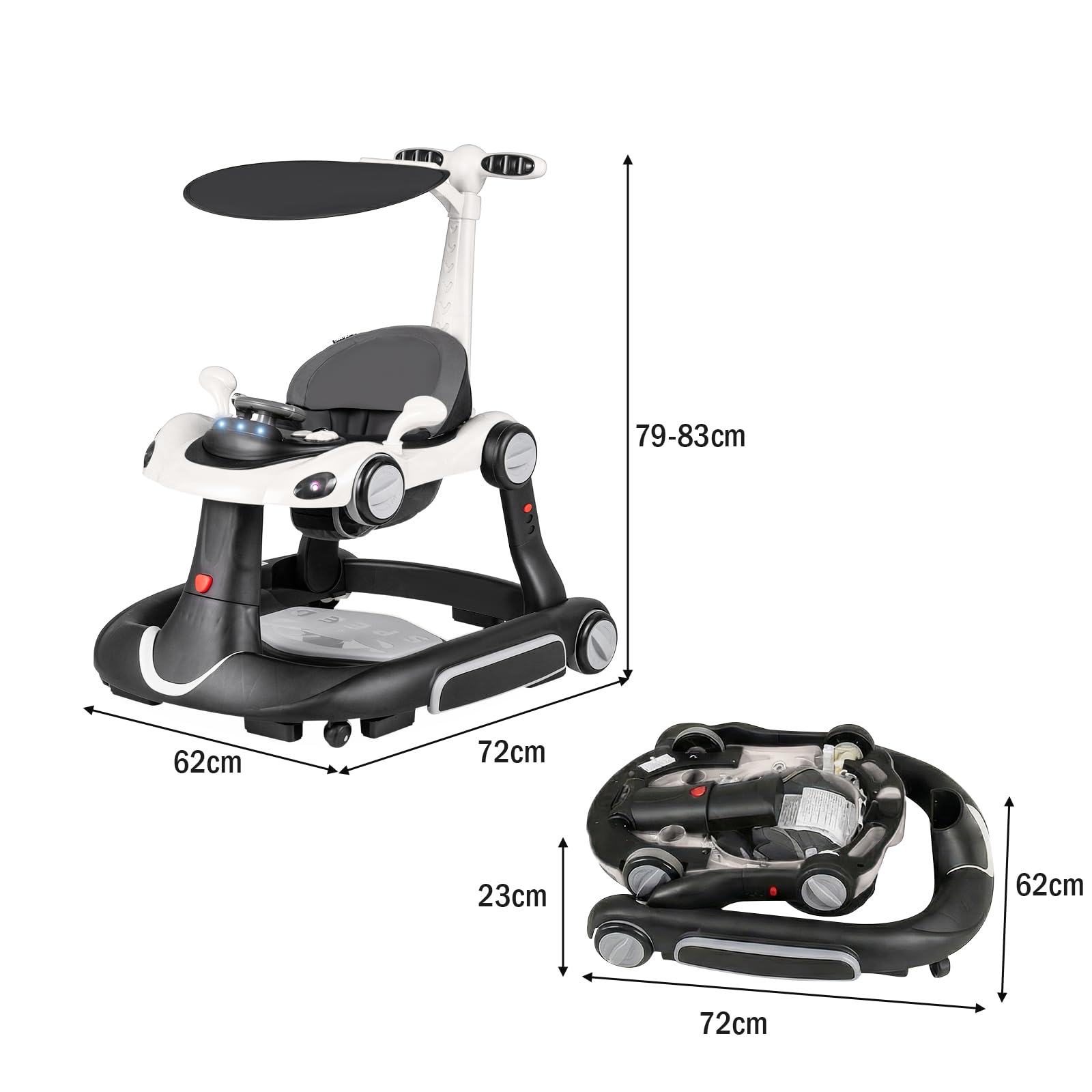 LIFEZEAL Trotteur avec Parasol pour Bébé, Trotteur 6-en-1 avec Lumières, Musique, Centre de Jeux et Plateau, Chariot de Marche à Hauteur et Vitesse Réglables pour Bébé 7 à 18 mois (Noir) - 3