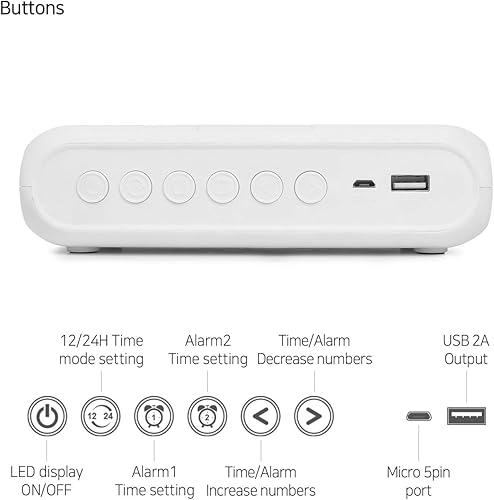 Miniatura 6 de Mooas Qi Wireless Charging Slim Mirror Desk Clock (blanco), compacto reloj despertador digital con puerto USB, cargador inalámbrico para iPhone