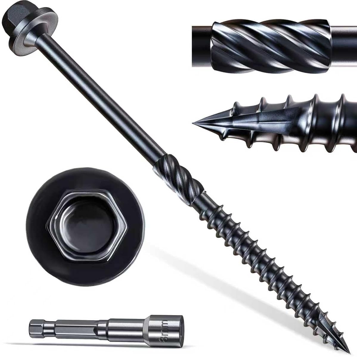 #14 x 4 Wood Structural Screws 50 Pcs, Exterior Hex-Head Lag Screws, Black Heavy Duty Construction Timber Log Landscaping Wood Screws, 5/16 Hex Socket Included