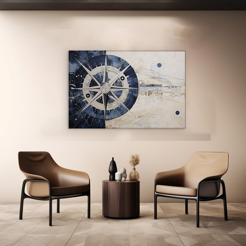 Canvas for Living room. Navigating Serenity: Discover the Tranquil Expanse through a Compass Rose Mastery, 27 x 18 inch Canvas Wall Art - Ready to Hang