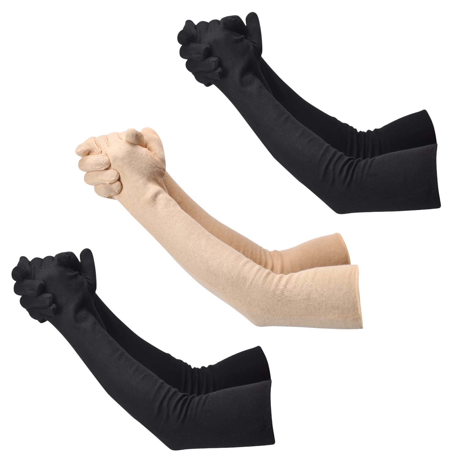 CLOTH KING Presents Mens And Womens Hand Protection Long Gloves Sun Protection Gloves Hand Long Gloves Cotton Summer Gloves For Driving And Sports (Pack Of 3). (Free-Size, 2 Black &1 Skin)