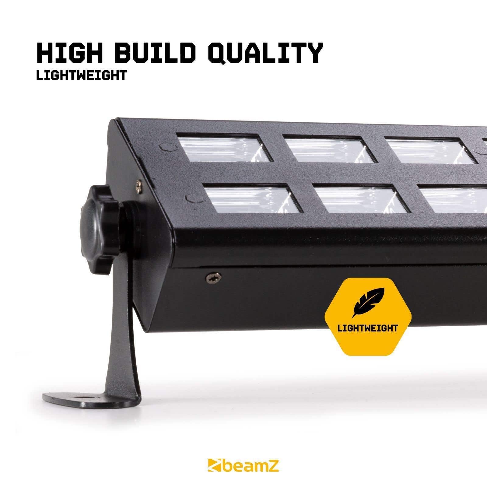 BeamZ BUV293 Barra de luz LED UV, 2x 9 LEDS, Lampara UV con Bombilla Luz Negra Ultravioleta, Luces Discoteca Profesional para Escenario, Dj, Actuaciones, Halloween Luces, Eventos