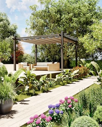 Garvee 10x13 Ft Aluminum Pergola with Retractable Canopy Metal Gazebo for Modern Backyard Deck Porch Grape Trellis(Khaki)